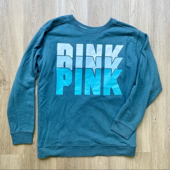PINK by Victoria’s Secret Teal/Aqua Logo Crew Neck Sweatshirt | Oversized Fit - Picture 1 of 5